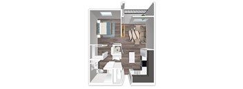 A 3D floor plan of a small apartment with a kitchen, living room, and bathroom.