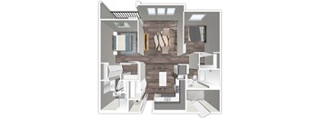 A 3D floor plan of a house with a kitchen, living room, and bathroom.