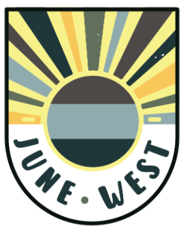 A logo with a sunburst design and the words "JUNE. WEST" written on it.