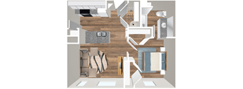 A top-down view of a living room with a couch, chair, coffee table, and a fireplace.
