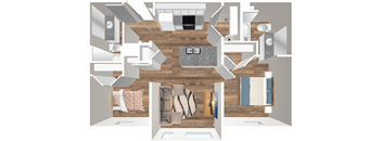 A top down view of a living room with a couch, a chair, a coffee table, and a rug.