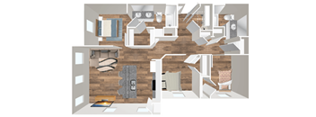 A 3D rendered image of a house layout.