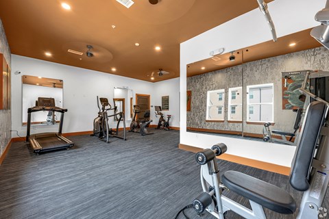 A gym with a variety of equipment including a treadmill, stationary bike, and weight bench.