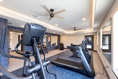 A gym with a treadmill and a stationary bike.