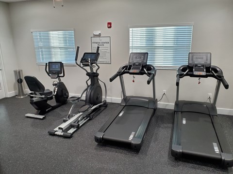 A fitness center with treadmills, elliptical machines, and a stationary bike.