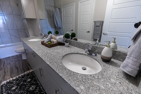 A bathroom with a white sink and a grey counter top.