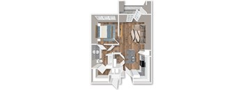 A floor plan of a house with a kitchen, living room, and bathroom.