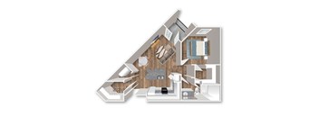 A cutaway drawing of a house showing the interior layout.