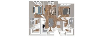 A top down view of a house interior with a kitchen, living room, and dining area.
