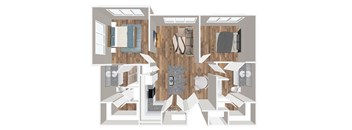 A top down view of a house layout with a central living room.