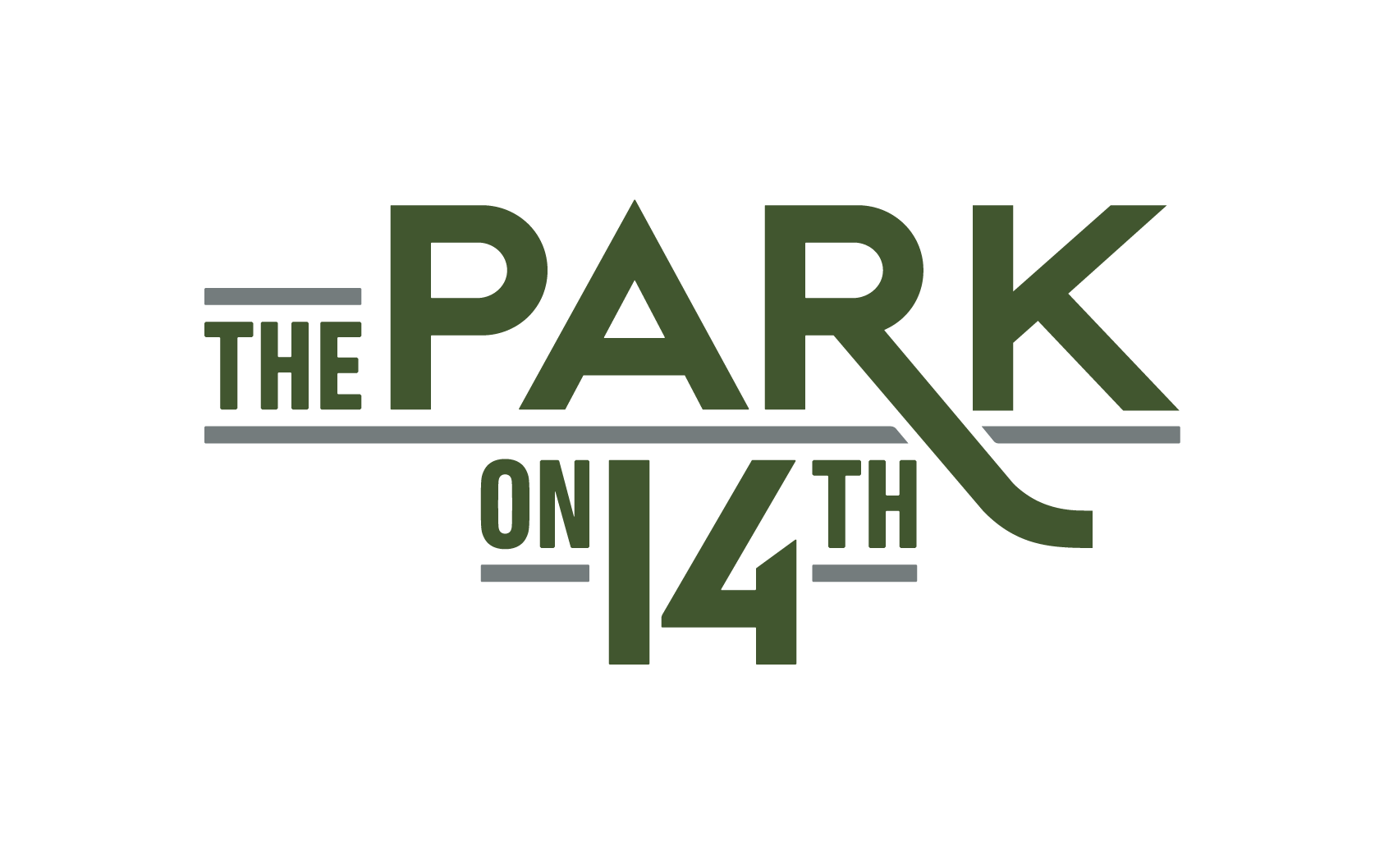The image shows a green background with the text "THE PARK ON 14TH" in white and grey.