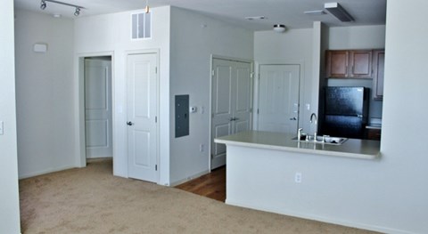 A white kitchen with a counter and cabinets.