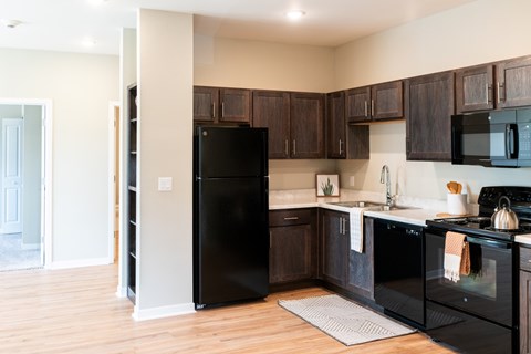 A black refrigerator is in the corner of a kitchen.