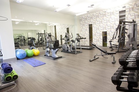 A gym with a variety of equipment including weights and exercise balls.