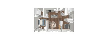 A 3D rendered image of a modern apartment layout.