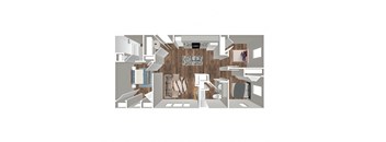 A top down view of a house interior with a kitchen, living room, and bathroom.