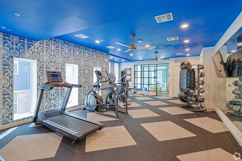 A treadmill is on a patterned floor in a gym.
