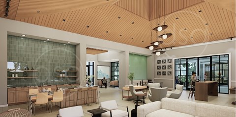 A modern living room with a wooden ceiling and furniture.