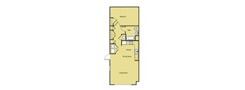 A floor plan of a house with a bedroom, bathroom, kitchen, dining room, and living room.