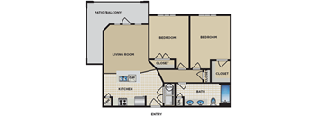 A floor plan of a house with a living room, two bedrooms, a kitchen, a bath, and two closets.
