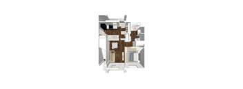 A 3D floor plan of a house with a kitchen, living room, and bedrooms.
