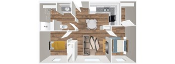 A floor plan of a house with a kitchen, living room, and bathroom.