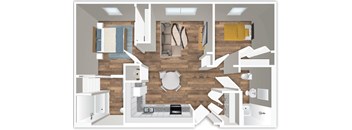 A 3D floor plan of a house with a kitchen, living room, and bathroom.