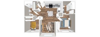 A floor plan of a small apartment with a kitchen, living room, and bathroom.