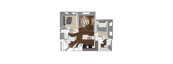 A top down view of a small apartment with a bedroom, living room, and kitchen.