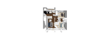A 3D rendered image of a house layout.