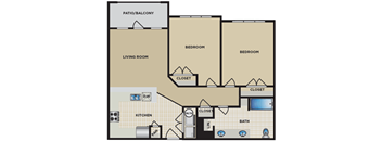 A floor plan of a house with a living room, two bedrooms, a kitchen, a bath, and a closet.