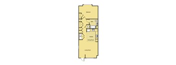 A floor plan of a house with a bedroom, bathroom, kitchen, dining room, and living room.