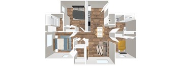 A 3D floor plan of a small apartment with a bedroom, living room, and kitchen.