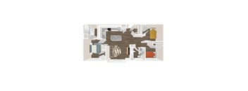 A 3D floor plan of a house with a kitchen, living room, and bathroom.