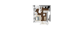 A 3D floor plan of a house with a kitchen, living room, and bathroom.