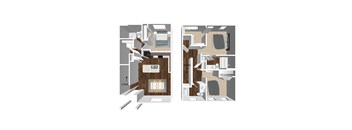 A floor plan of a two-story home with stairs on both the left and right sides.