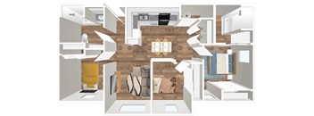 A floor plan of a house with a kitchen, living room, and bathroom.