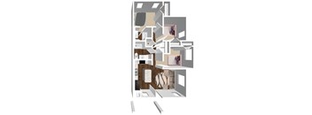 A floor plan of a house with a kitchen, living room, and bathroom.