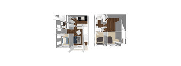 Two floor plans of a house with a kitchen, living room, bedrooms and bathrooms.