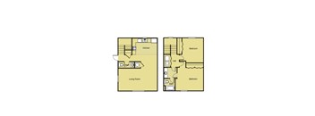 Two floor plans of a house with a living room and kitchen on the left, and two bedrooms and a hall on the right.