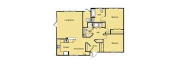 A floor plan of a house with a living room, dining room, kitchen, two bedrooms, a hall and a bathroom.