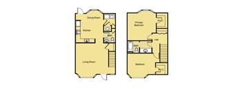 A floor plan of a two-bedroom apartment with a living room, dining room, kitchen, and bathroom.