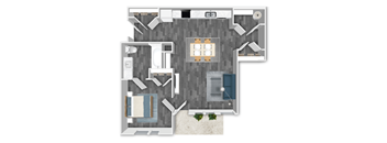A floor plan of a house with a kitchen, living room, and two bedrooms.