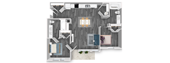 A top-down view of a house layout with a kitchen, living room, and bathroom.