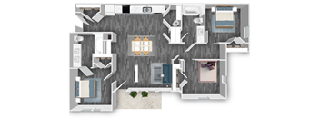 A floor plan of a house with a kitchen, living room, dining room, and bathrooms.