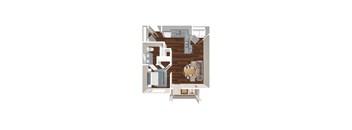 A top down view of a living room with a couch, chair, and coffee table.