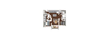 A top down view of a living room with a couch, coffee table, and a rug.