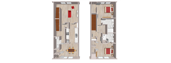 A floor plan of a two-story apartment with a living room, kitchen, and bathroom on each floor.