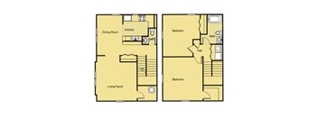 A floor plan of a two bedroom apartment with a living room, dining room, kitchen, and bathroom.