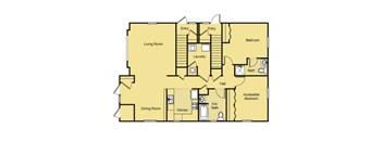 A floor plan of a house with a living room, dining room, kitchen, and two bedrooms.